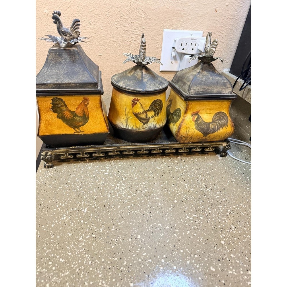 Vintage CBK Country Rustic Kitchen Storage Canister‎ Rooster Set w Tray 18x12x6"